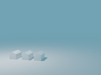 シンプルな家型アイコンとグラデーション背景。3DCG。 青色系。    