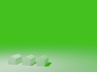 シンプルな家型アイコンとグラデーション背景。3DCG。 緑色系。
