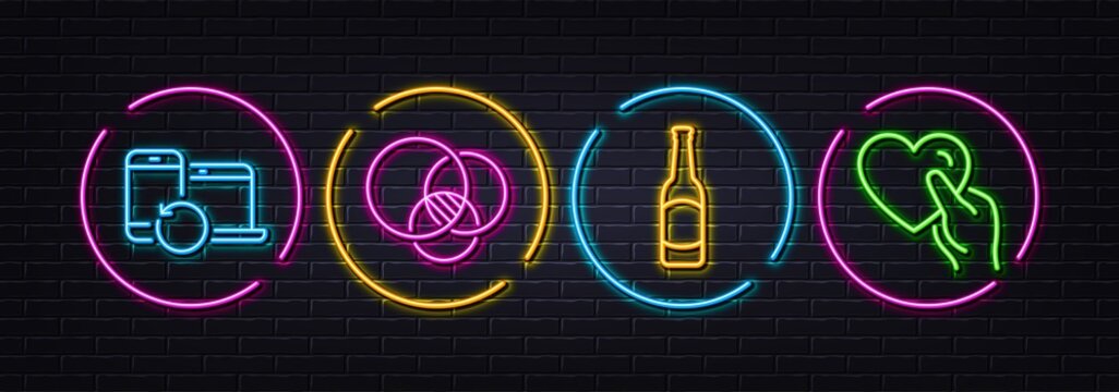 Euler diagram, Beer and Recovery devices minimal line icons. Neon laser 3d lights. Hold heart icons. For web, application, printing. Relationships chart, Bar drink, Backup data. Friendship. Vector