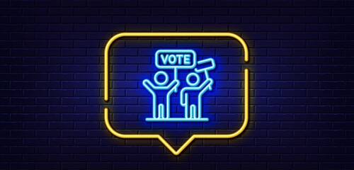 Neon light speech bubble. Voting campaign line icon. People rally with signs. Public election symbol. Neon light background. Voting campaign glow line. Brick wall banner. Vector