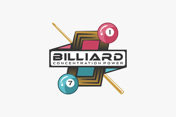 Billiard logo design with creative concept, billiard ball icon combined with table icon and billiard stick
