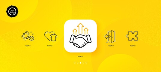 Puzzle, Deal and Clothing minimal line icons. Yellow abstract background. Entrance, Gears icons. For web, application, printing. Puzzle piece, Business rise, Donate shirt. Open door. Vector