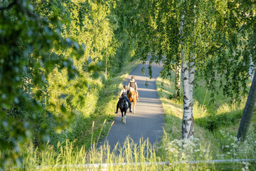 Two riders on the road on summer evening during sunset. Black helmets.