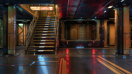 Futuristic sci-fi interior of space ship or station with staircase leading to upper deck. 3D illustration.