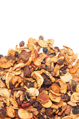 Dried fruits, apples, pears, apricots, plums,grapes,raisins, isolated on white background