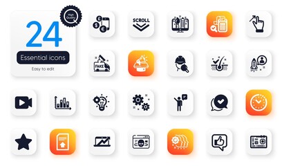 Set of Technology flat icons. Creative design, Agent and Video camera elements for web application. Time management, Currency rate, Approved icons. Like, Anti-dandruff flakes. Vector