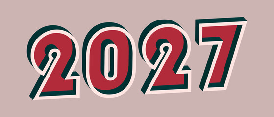 2027 year with 3D effect in retro style. Well red and Deep Teal colors
