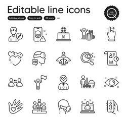 Set of People outline icons. Contains icons as Heart, Touchscreen gesture and Social responsibility elements. Report, Business podium, Vacancy web signs. Health eye, Edit person. Vector