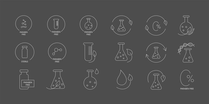 Paraben free icon symbol set. Editable stroke. Vector stock illustration isolated on black chalkboard background for packaging design in beauty industry. 