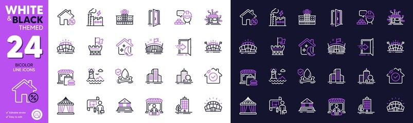 House security, Sports arena and Skyscraper buildings line icons for website, printing. Collection of Lighthouse, Electricity factory, Entrance icons. Market buyer, Loan house. Vector