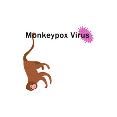 Monkeypox 2022. Vector illustration of the new virus of 2022 - monkeypox. Smallpox transmitted from apes to humans. An illustration depicting a monkey with its tail hanging from the text. humans.
