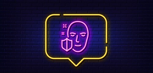 Neon light speech bubble. Face detection protected line icon. Secure access sign. Facial identification symbol. Neon light background. Face protection glow line. Brick wall banner. Vector