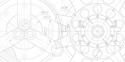 Technical drawing of gears .Rotating mechanism of round parts .Machine technology.Vector illustration .