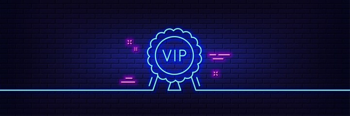 Neon light glow effect. Vip award line icon. Very important person medal sign. Member club privilege symbol. 3d line neon glow icon. Brick wall banner. Vip award outline. Vector