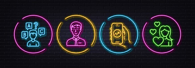 Businessman person, Quiz test and Financial app minimal line icons. Neon laser 3d lights. Love icons. For web, application, printing. Male user, Interview, Smartphone analytics. Woman in love. Vector