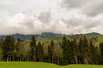Bad weather over the rhine valley in Gams in Switzerland