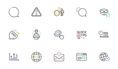 Survey results, Quick tips and Brand ambassador line icons for website, printing. Collection of Warning, Hold box, Outsource work icons. Global insurance, Incoming mail. Vector
