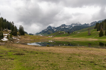 Fototapeta na wymiar Lake Graeppelensee in an alpine region near Alt Saint Johann in Switzerland