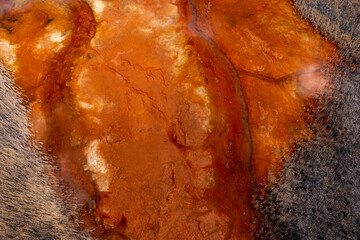 Environmental pollution from extraction of copper ore and copper pyrite. View from above. Dead soil...