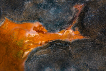 Environmental pollution from extraction of copper ore and copper pyrite. View from above. Dead soil...