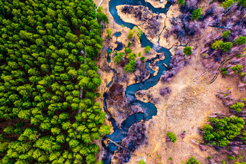 Luftlandschaft des gewundenen Flusses im grünen Feld, Draufsicht des schönen Naturhintergrundes von der Drohne © vladimircaribb