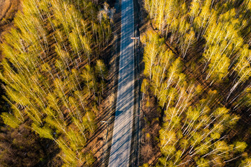 Aerial view road going through forest, Road through the green forest, Aerial top view car in forest, Texture of forest view from above, Ecosystem and healthy environment concepts and background.