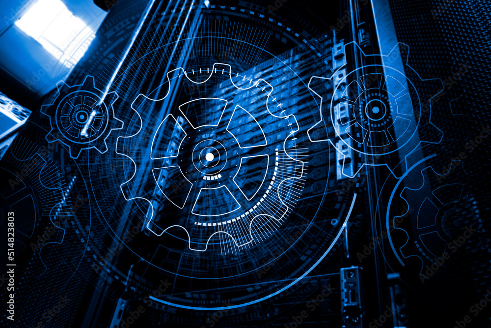 Aufkleber 3d render network and internet communication technology concept, data center interior, server racks 