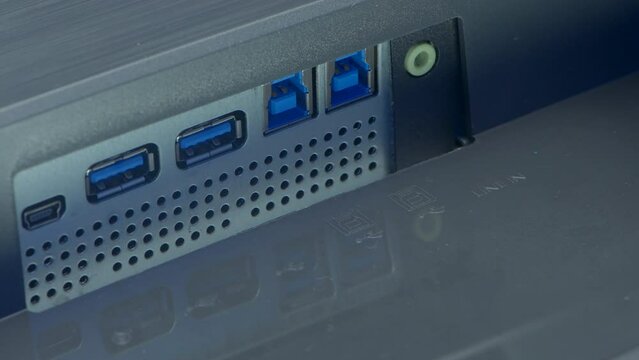 Connectors in the TV. Action.Various connectors for flash drives and chargers taken on camera close-up.