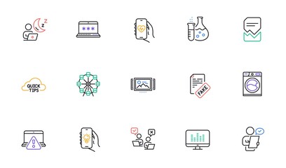 Online warning, Fake news and Ferris wheel line icons for website, printing. Collection of Health app, Customer survey, Chemistry flask icons. Online voting, Shift, Quick tips web elements. Vector