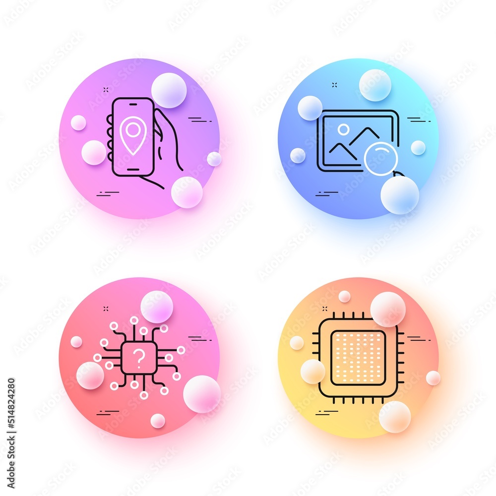 Poster search photo, cpu processor and location app minimal line icons. 3d spheres or balls buttons. artifi