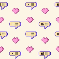 90 groovy trippy seamless pattern Old pc game 90s aesthetic. Pixel icons, hearts, dialog boxes, hi text. Vaporwave and retrowave style pattern.