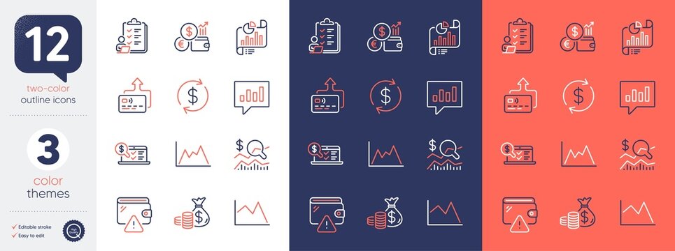 Set of Coins bag, Wallet and Currency rate line icons. Include Line chart, Check investment, Analytical chat icons. Card, Report document, Usd exchange web elements. Checklist, Diagram. Vector