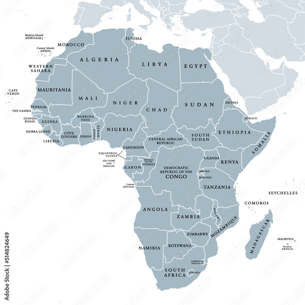 Sticker Africa, single countries, gray political map. Largest continent, including Madagascar. With English country names and international borders. Isolated illustration on white background. Vector.