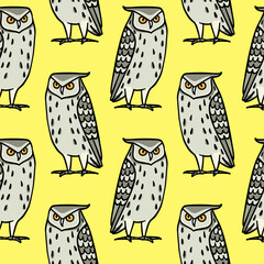 Vector seamless pattern with hand drawn funny skeptical Eagle Owls. Ink drawing, decorative graphic style. Beautiful animal design elements, perfect for prints and patterns