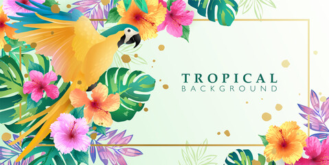 Tropical background with tropical bird, leaves, and flowers on light background. Summer banner template for fashion ads, horizontal poster and social media - obrazy, fototapety, plakaty
