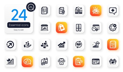 Set of Business flat icons. Growth chart, Direction and Return parcel elements for web application. Market, Donation money, Refrigerator icons. Teamwork, Web report, Medical chat elements. Vector