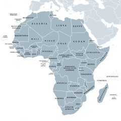 Africa, single countries, gray political map. Largest continent, including Madagascar. With English country names and international borders. Isolated illustration on white background. Vector. - 514824649