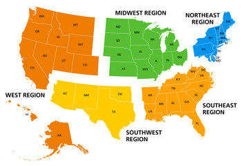 United States, geographic regions, colored political map. Five regions, according to their geographic position on the continent. Common but unofficial way of referring to regions of the United States. - 514824675