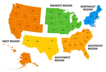 Tuinposter United States, geographic regions, colored political map. Five regions, according to their geographic position on the continent. Common but unofficial way of referring to regions of the United States. © Peter Hermes Furian