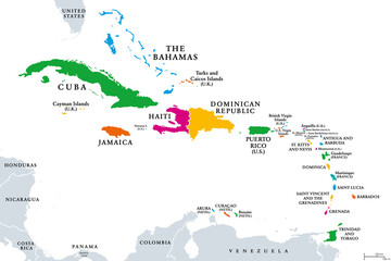 The Caribbean, colored political map. Subregion of the Americas in the Caribbean Sea with its islands and English names. The Greater Antilles and the Lesser Antilles. Isolated illustration over white. - obrazy, fototapety, plakaty