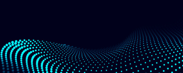 Digital wave with dots on the dark blue background. The futuristic abstract structure of network connection. Big data visualization. 3D rendering.