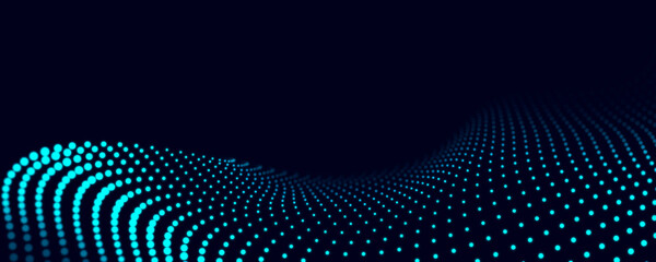 Digital wave with dots on the dark blue background. The futuristic abstract structure of network connection. Big data visualization. 3D rendering. © Irvin 2809