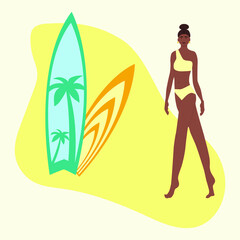 African American woman in a swimsuit on the beach. girl near the surfboard. Trendy summer vector illustration. Beautiful dark-skinned girl in a yellow swimsuit. Vector illustration with isolated bg.