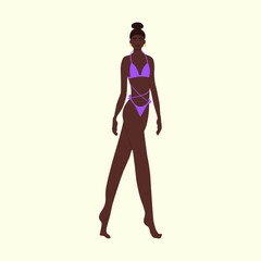 Beautiful dark-skinned girl in a bathing suit. African American woman with a model figure. Trendy girl in a swimsuit. Cool girl with a bun. Vector summer illustration.