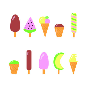 Ice cream set vector isolated. Collection of sweet cold desserts. Chocolate ice cream on a stick, ice cream in a cup, cone, watermelon and melon. Bright and fresh colors. 