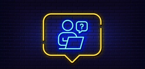 Neon light speech bubble. Online question line icon. Ask help sign. Outsource support symbol. Neon light background. Online question glow line. Brick wall banner. Vector