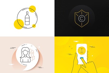 Minimal set of Wine bottle, Copyright protection and Chandelier line icons. Phone screen, Quote banners. Women headhunting icons. For web development. Cabernet sauvignon, Shield, Ceiling light. Vector