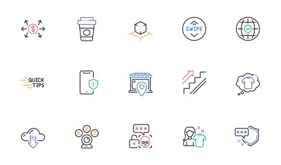 Swipe up, Shield and Global insurance line icons for website, printing. Collection of Video conference, Education, Takeaway coffee icons. Cyber attack, Stairs, Clean shirt web elements. Vector