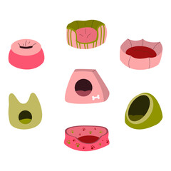 Set of beds for pets. A set of soft places for dogs and cats. Bed for dogs. Bed for cats. Vector illustration of animal beds in flat style. White isolated background.