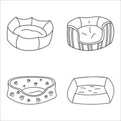 Set of beds for dogs and cats. Pet beds in contour style. Soft place for pets. Illustration for a pet shop. Vector illustration with white isolated background.